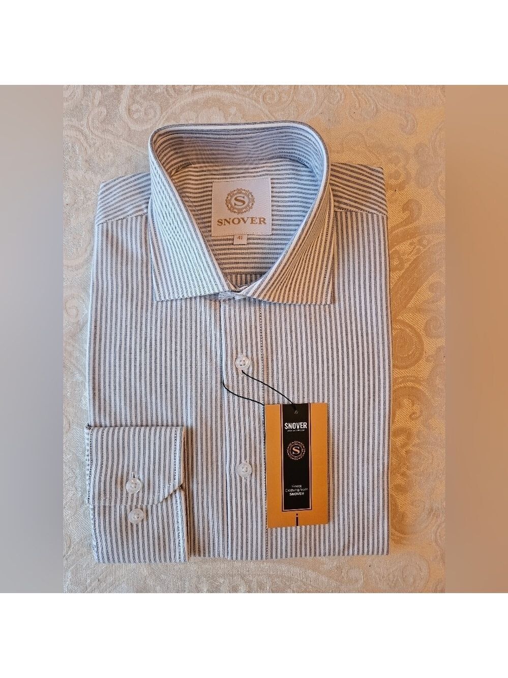 100% Cotton Grey Striped Formal Button Down Shirt, 41, 16", Large, Snover, NWT